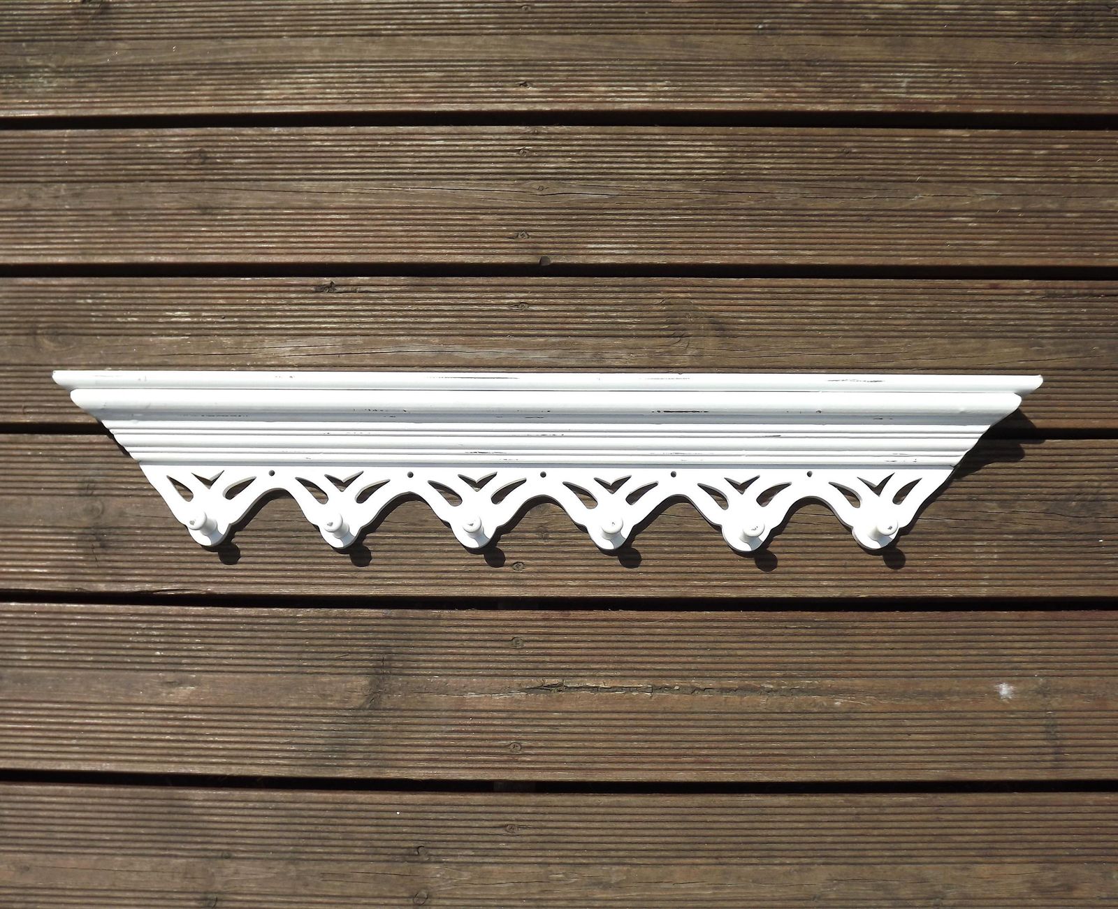 Vintage French Shabby Chic White Coat Rack With Shelf – 6 Peg Wall Hooks, Distressed Wood, Rustic Hallway Storage.