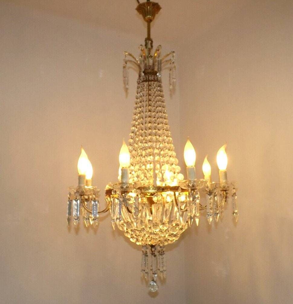 Lustre à panier Montgolfier Empire en cristal, 8 bras, 12 lumières, éclairage d'époque français photo for sale