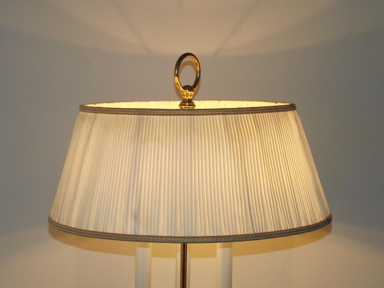 French Vintage Brass 3 Light Boulotte Table Lamp With Cream Pleated Shade   French Vintage Lighting. Quality Brass Table Lamp. 3 Light Lamp. photo Lighting