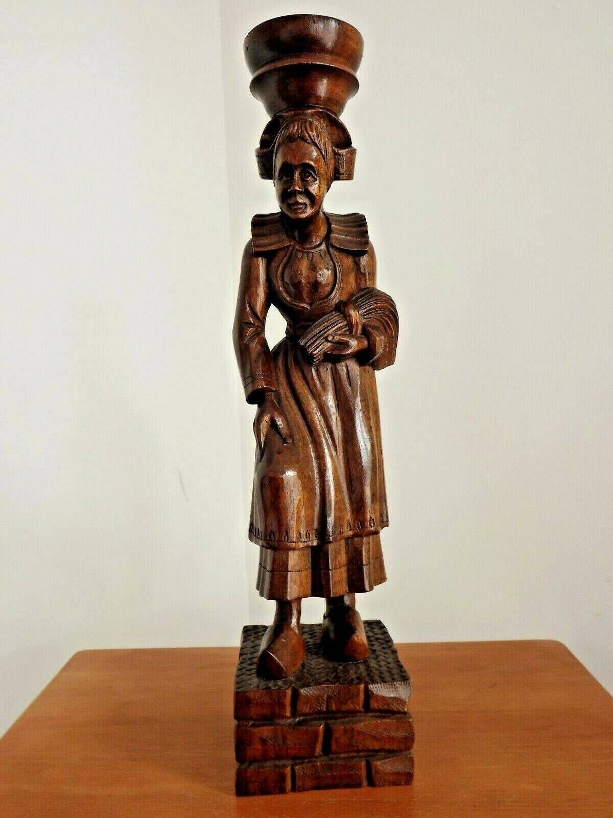 Pair Antique Hand Carved Wood French Breton Brittany Figurines Lady & Man   French Antique Carved Figurines. Pair Breton Figurines photo furniture