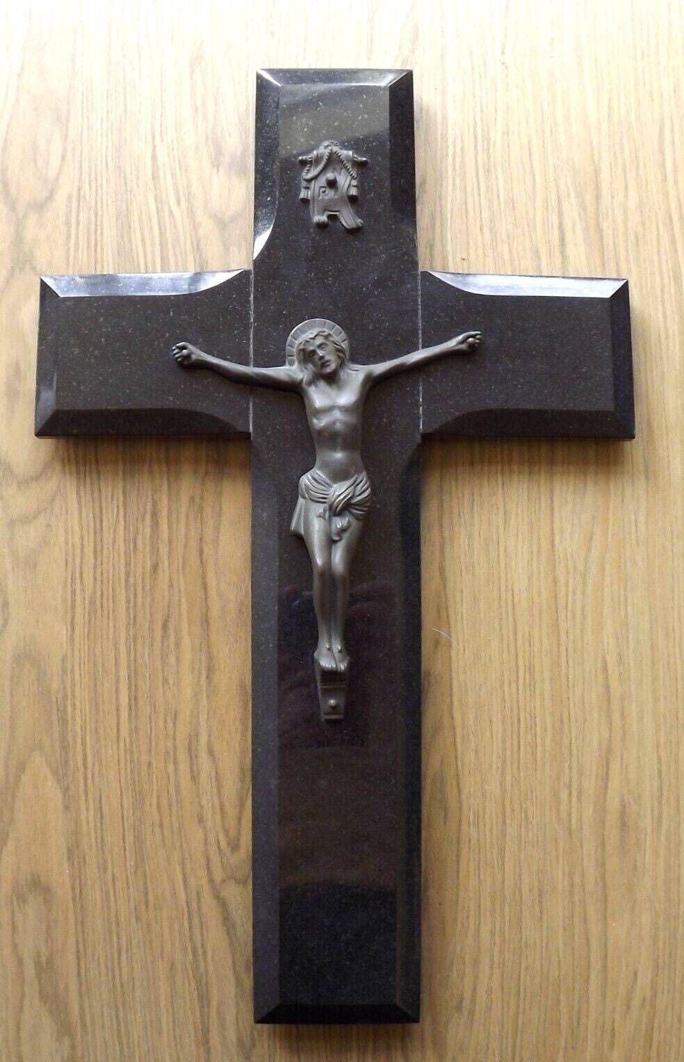 Large Art Deco French Black Marble Cross With Bronzed Effect Spelter Figure Of Christ Inri Badge   French Large Black Marble Crucifix.