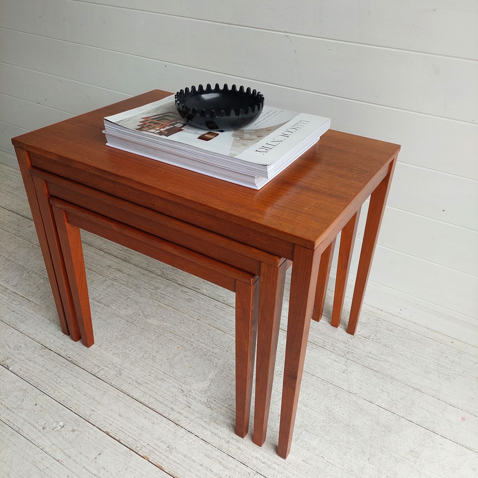 photo buy Mid Century Danish Teak Nest Of Tables  Bent Silberg Møbler Style Nesting Side Tables 60s