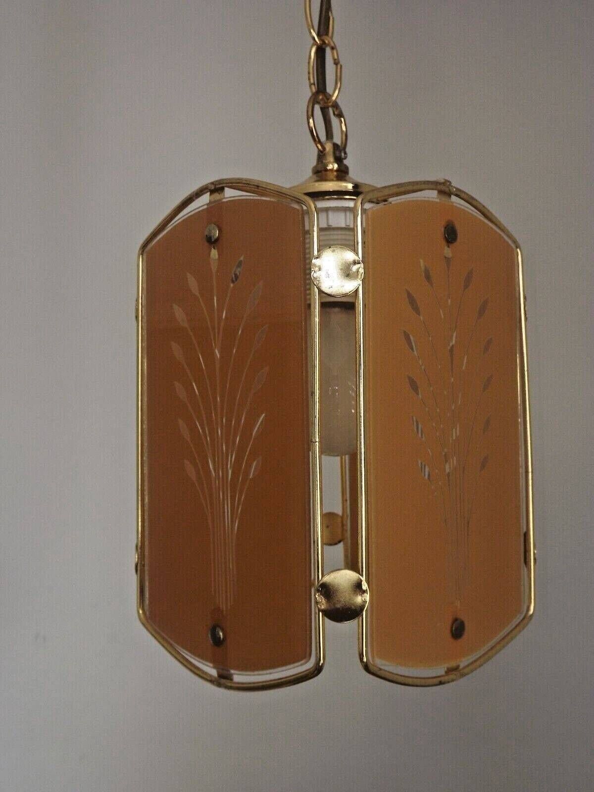 Vintage French Gold Metal Ceiling Light Wheat Sheaf Orange Glass Panels   French Vintage Lighting. Glass Panel Light. Wheatsheaf Pattern. photo buy
