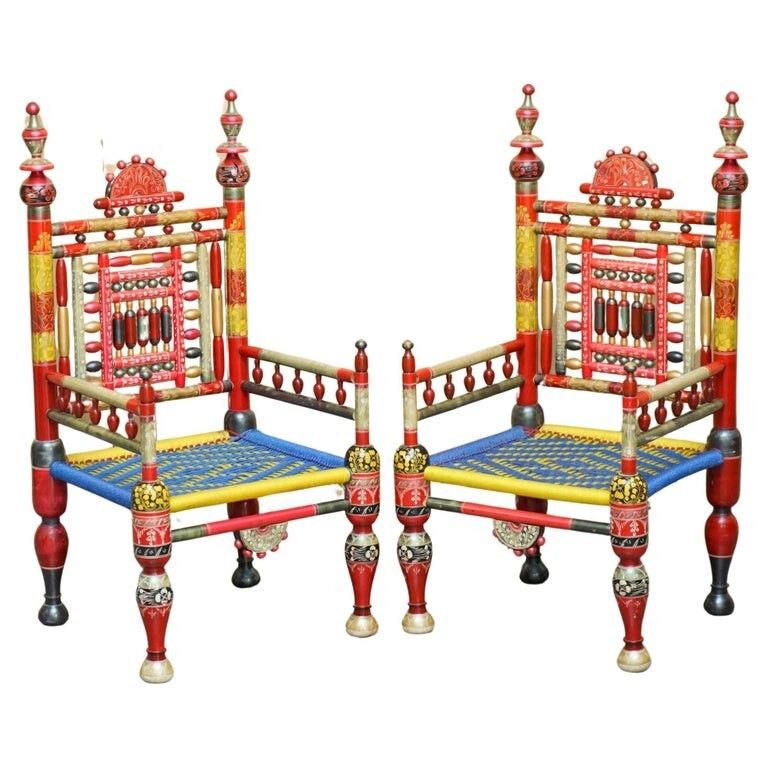 Pair Of Traditional Punjabi Tribal Wedding Chairs From Pakistan In Cedar Wood