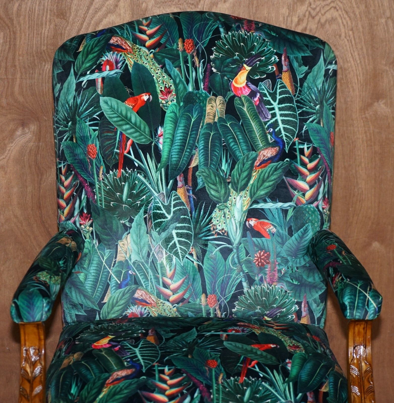 Lovely Vintage English Carver Walnut Armchair With Birds Of Paradise Upholstery photo for sale