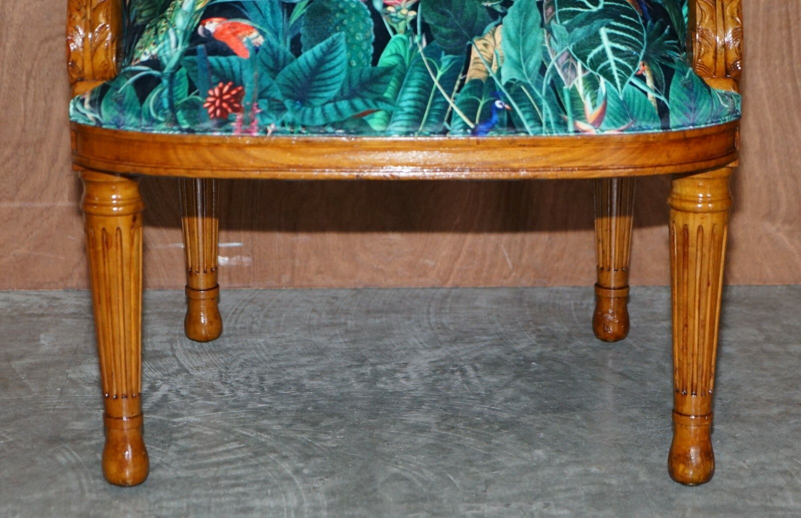 photo for sale Lovely Vintage English Carver Walnut Armchair With Birds Of Paradise Upholstery