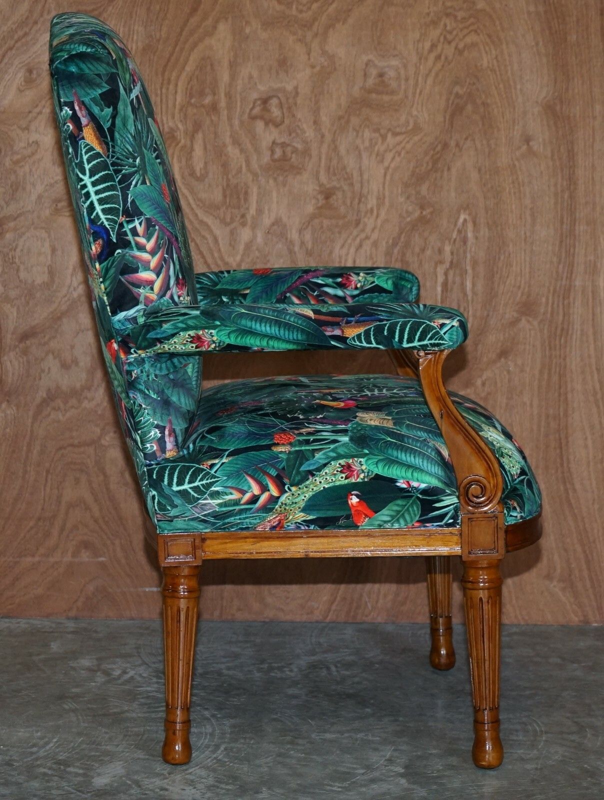 Furniture Lovely Vintage English Carver Walnut Armchair With Birds Of Paradise Upholstery photo