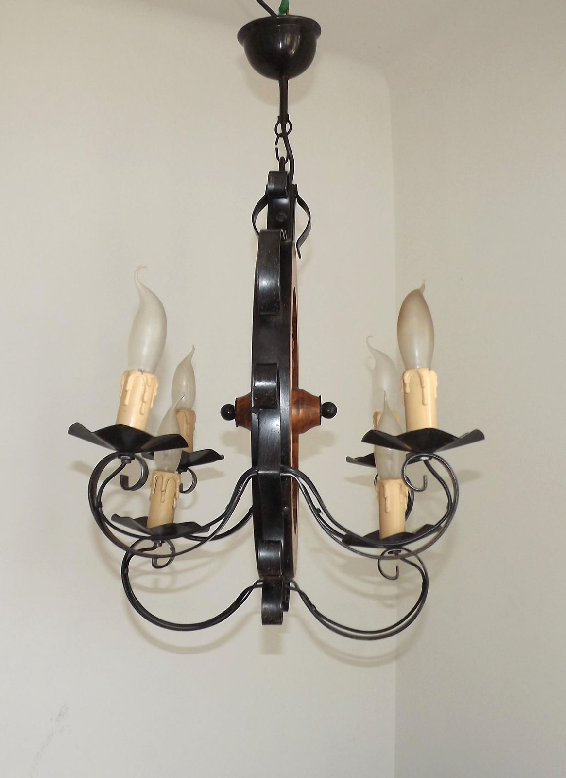 French Vintage Rustic 6 Light Chandelier Hand Carved Wood & Black Iron Wheel Ceiling Light   Farmhouse Lighting. Country Style Chandelier. photo furniture