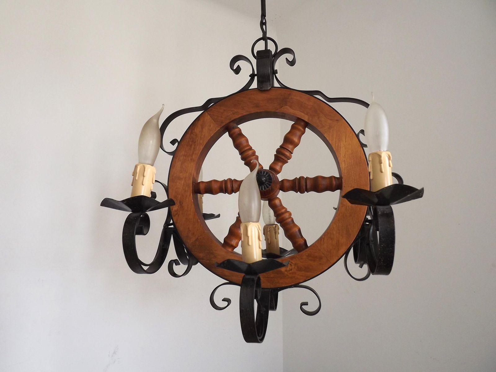 French Vintage Rustic 6 Light Chandelier Hand Carved Wood & Black Iron Wheel Ceiling Light   Farmhouse Lighting. Country Style Chandelier. photo 140.0