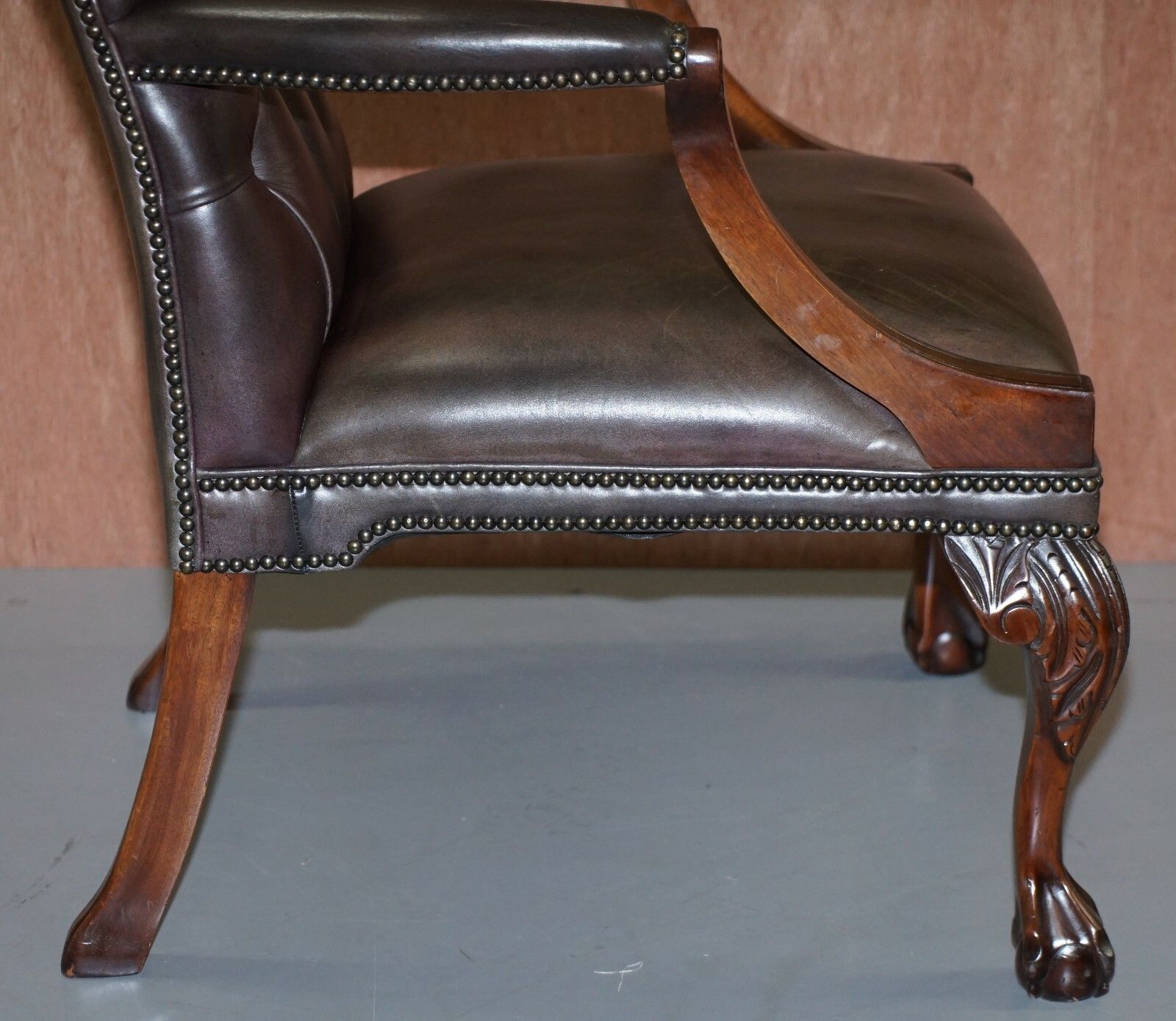 photo for sale George II Gainsborough Carver Chesterfield Leather Armchair Claw & Ball Feet