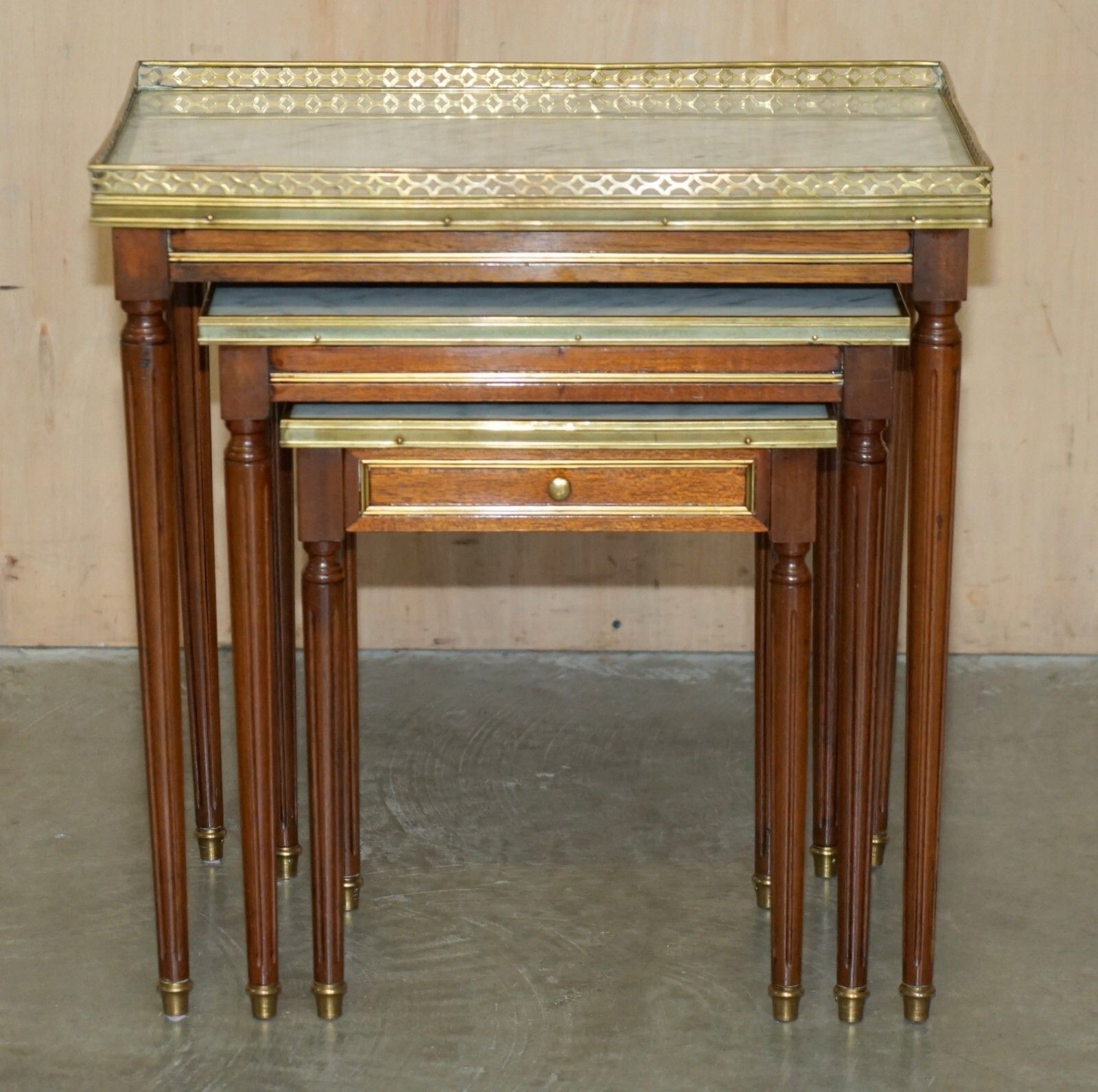 Vintage Nest Of French Empire Mahogany Italian Carrara Marble & Brass Tables photo furniture