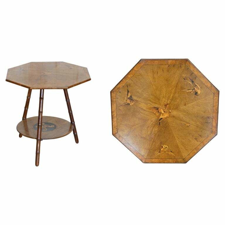 Fully Restored Sublime Antique Marquetry Inlaid Bird Occasional Side Lamp Table
