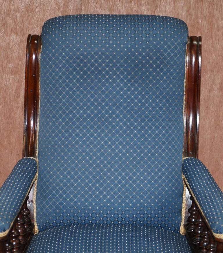 Lovely Early Victorian Hardwood Library Reading Armchair Regency Blue Upholstery photo for sale