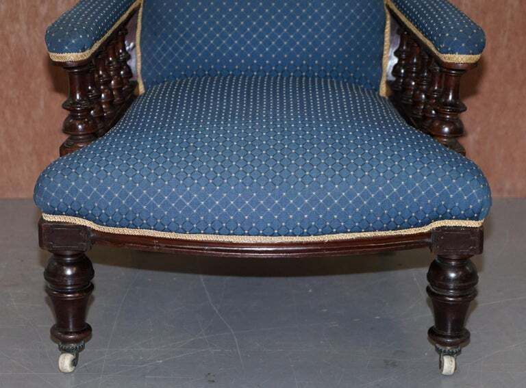Lovely Early Victorian Hardwood Library Reading Armchair Regency Blue Upholstery photo vinterior