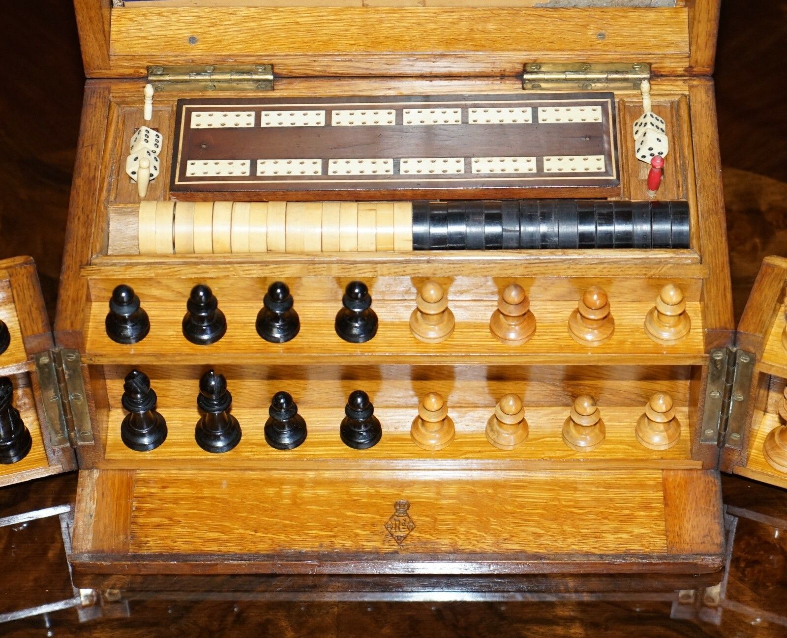 Royal Crown Stamped Victorian Oak Games Compendium Chess Cards Dominos Checkers photo 2000.0