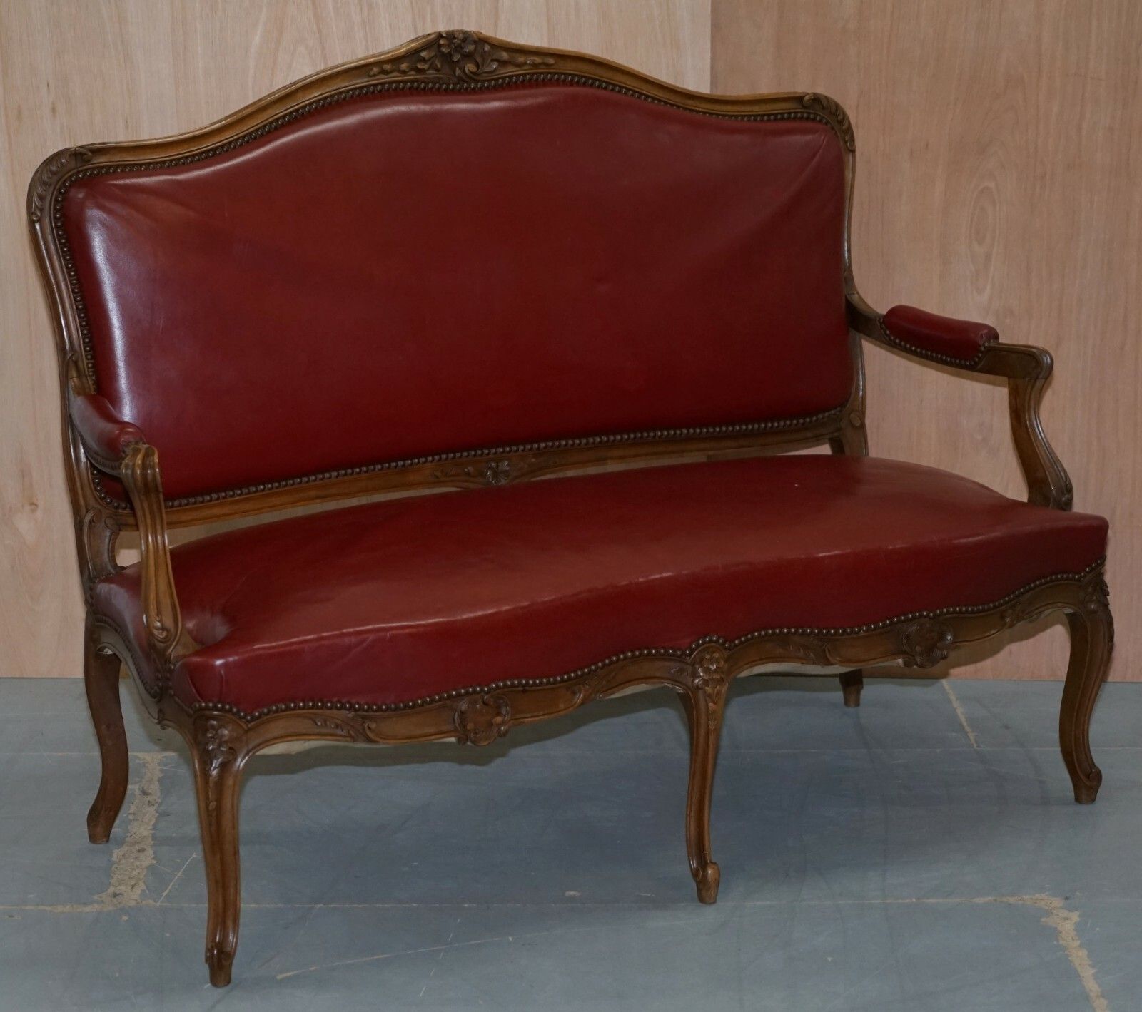 Oxblood Leather French Louis XV Style Salon Suite Walnut Armchairs & Sofa Settee photo furniture