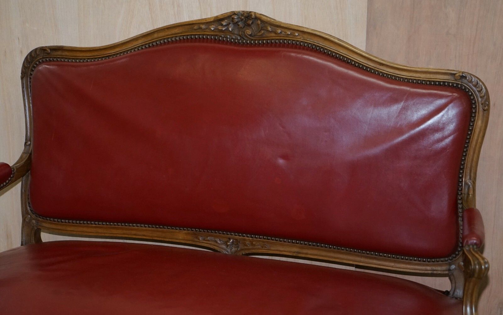 Oxblood Leather French Louis XV Style Salon Suite Walnut Armchairs & Sofa Settee photo Furniture