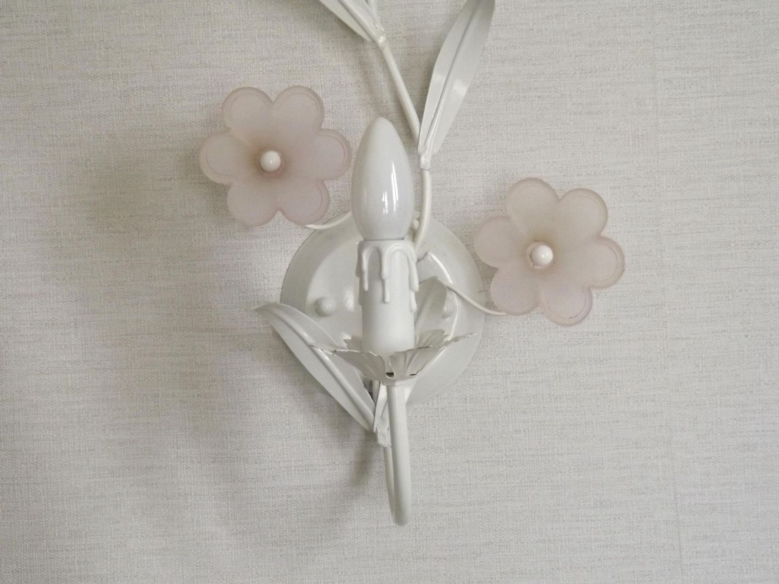 French Vintage White Toleware Double Wall Light Pink Glass Flowers   French Vintage Lighting. Double Toleware Sconce. Pink Glass Flowers. photo for sale