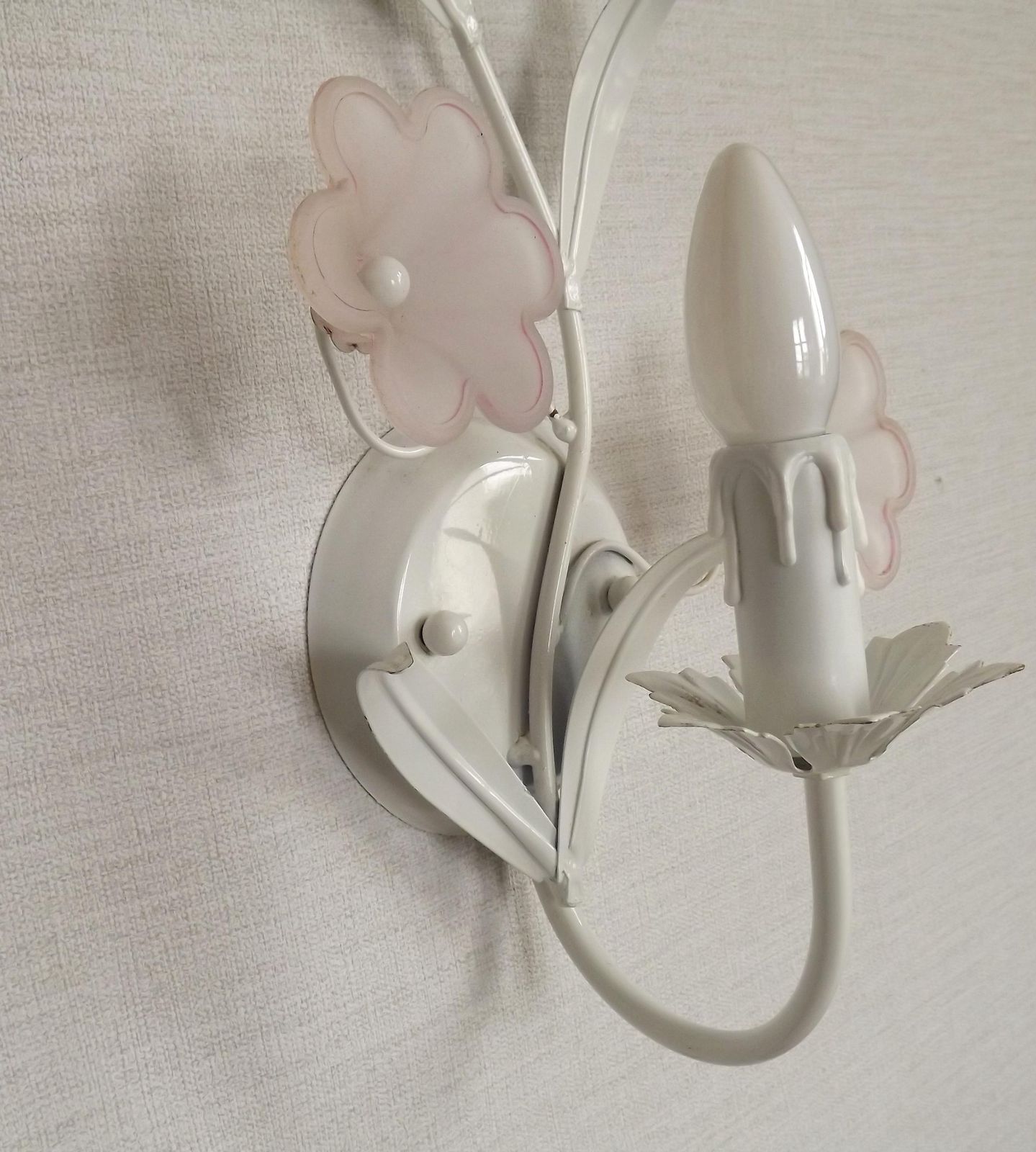 French Vintage White Toleware Double Wall Light Pink Glass Flowers   French Vintage Lighting. Double Toleware Sconce. Pink Glass Flowers. photo buy