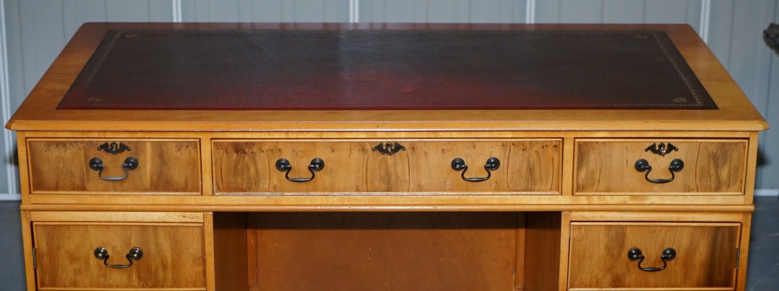 Vintage Burr Satinwood Kneehole Partner Desk Oxblood Leather Top Panelled Back photo Furniture