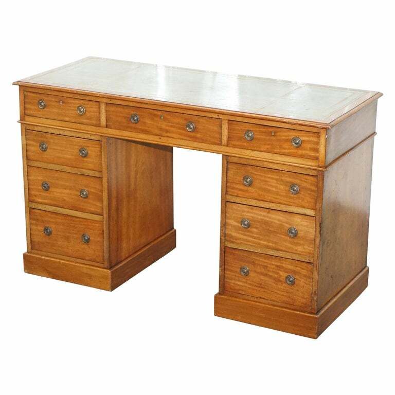 Lovely Heal & Sons Victorian Mahogany With Regency Blue Leather Top Partner Desk