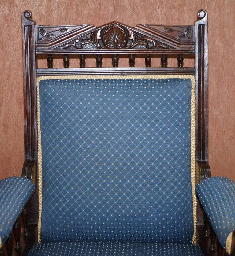 Early Victorian Carved Hardwood Library Reading Armchair Regency Blue Upholstery photo for sale