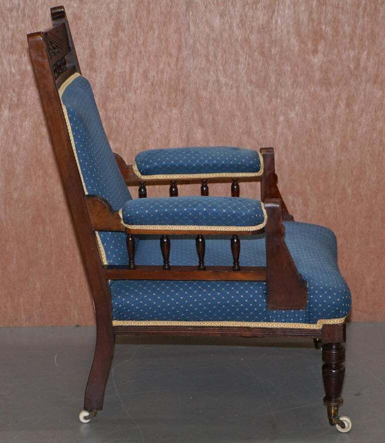 photo furniture Early Victorian Carved Hardwood Library Reading Armchair Regency Blue Upholstery