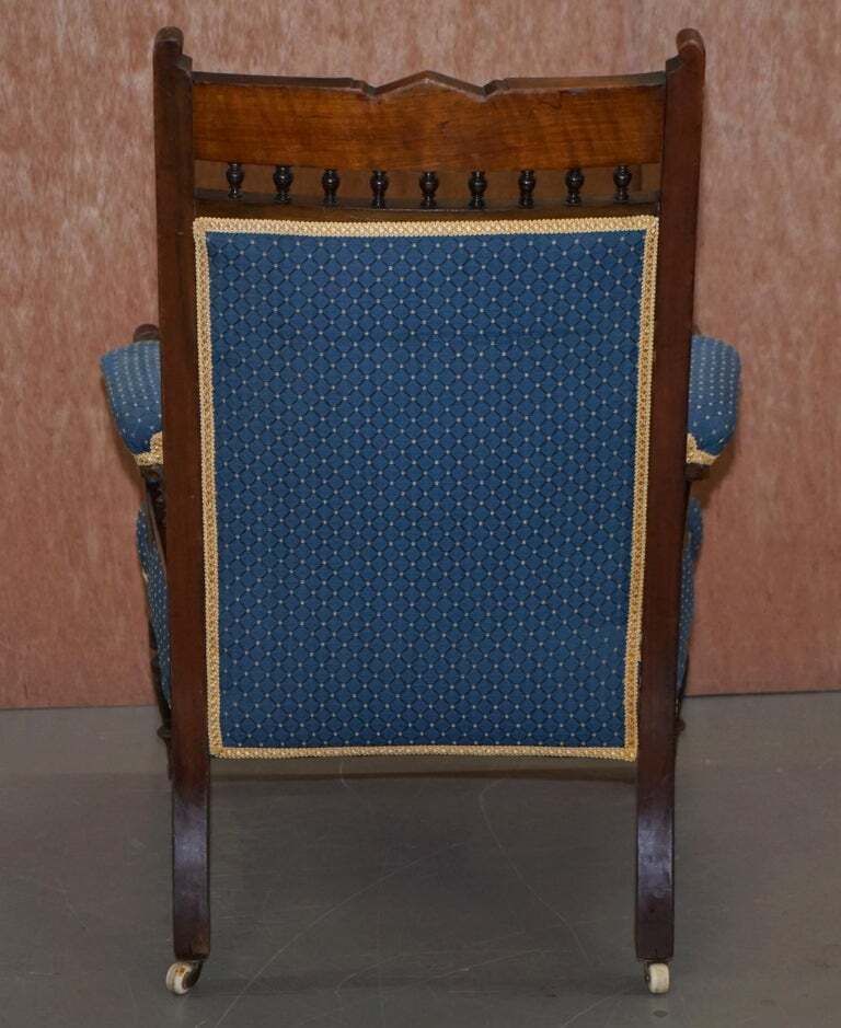 Furniture Early Victorian Carved Hardwood Library Reading Armchair Regency Blue Upholstery photo