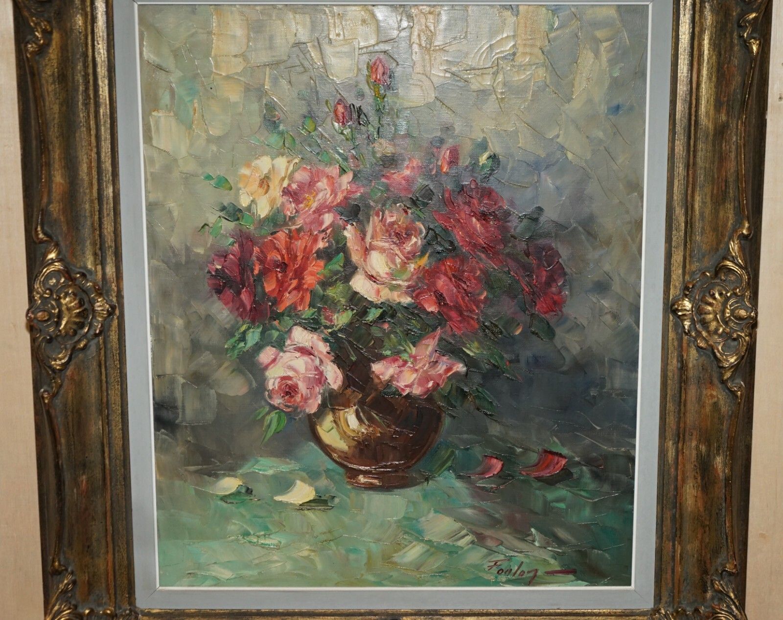 Antique French Signed Fouley Oil Painting Of Flowers Done With Palette Knife photo for sale