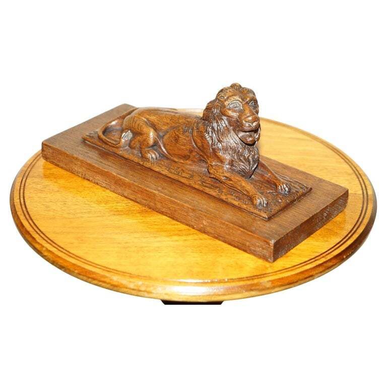 Stunning Antique Circa 1860 Hand Carved English Oak Recumbent Lion Statue