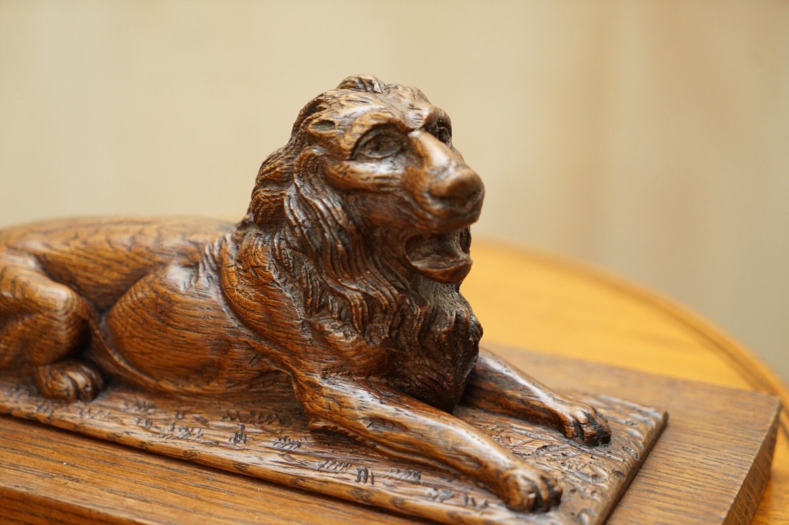 photo for sale Stunning Antique Circa 1860 Hand Carved English Oak Recumbent Lion Statue