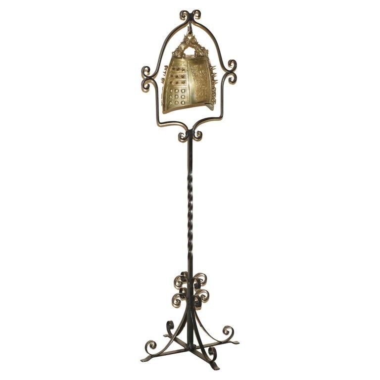 Antique Circa 1920 Chinese Export Floor Standing Bell With Wrought Iron Stand