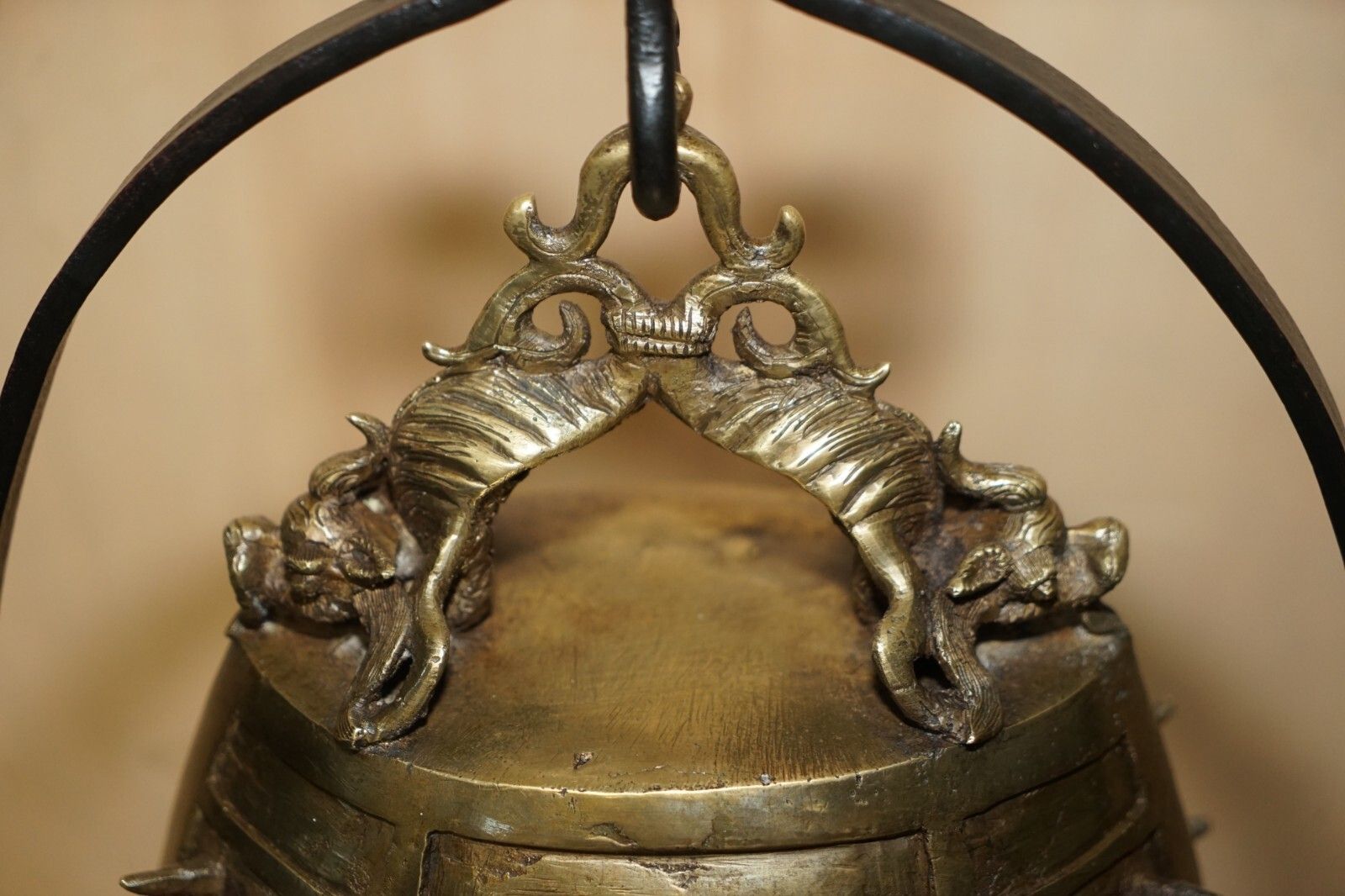 Antique Circa 1920 Chinese Export Floor Standing Bell With Wrought Iron Stand photo buy