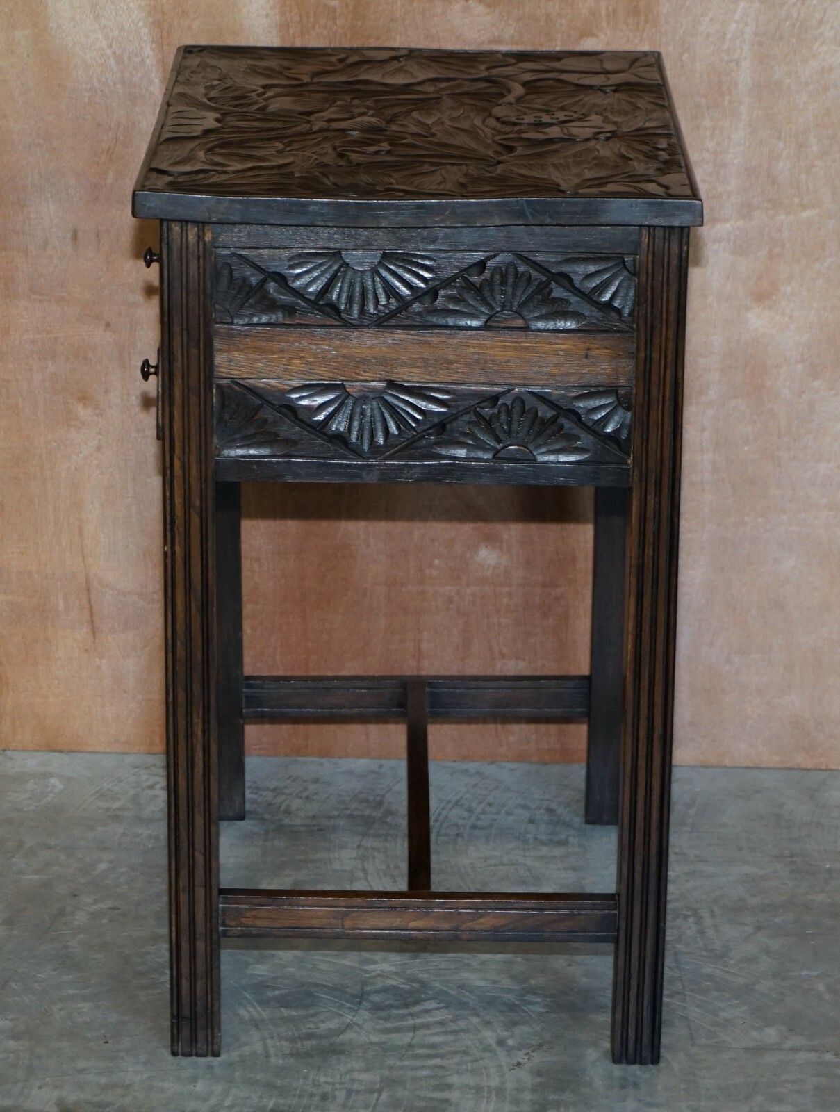 photo for sale Circa 1905 Liberty's London Japanese Hand Carved Side Lamp Table Cutlery Drawers