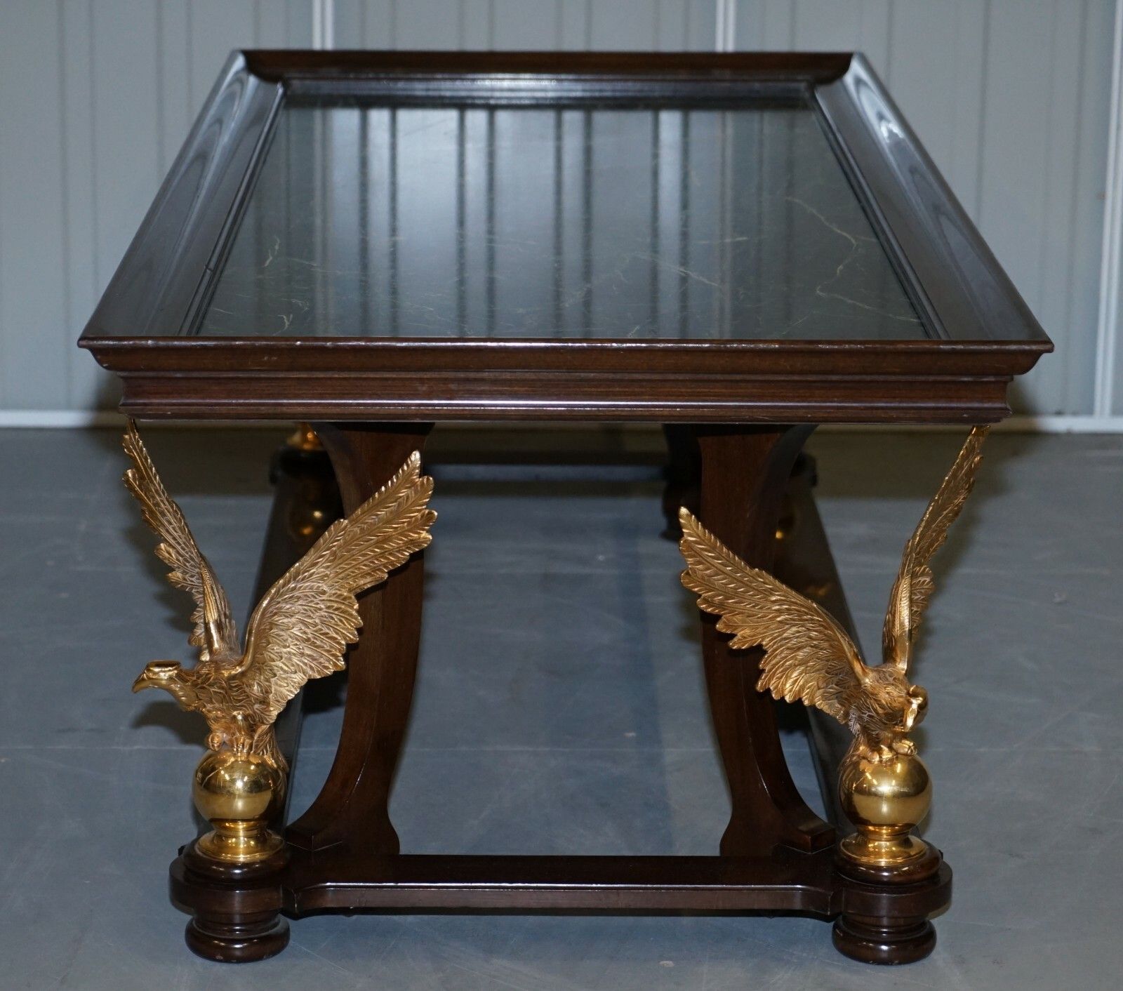 photo for sale Large And Ornate Green Marble, Mahogany & Gold Gilt Eagle Coffee Cocktail Table