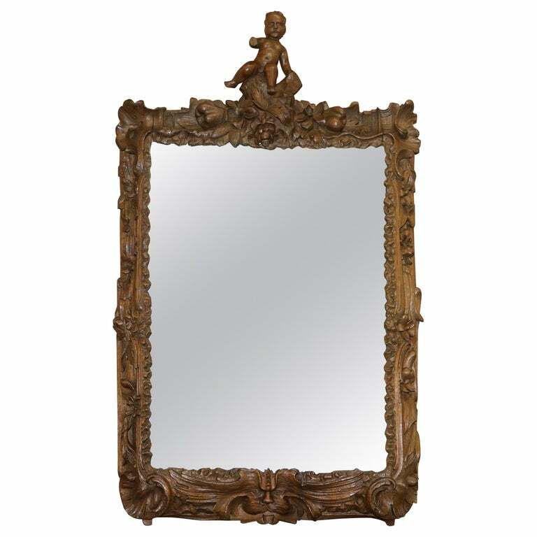Rare Original 18th Century Ornately Carved Frame Wall Mirror With Cherub Boy