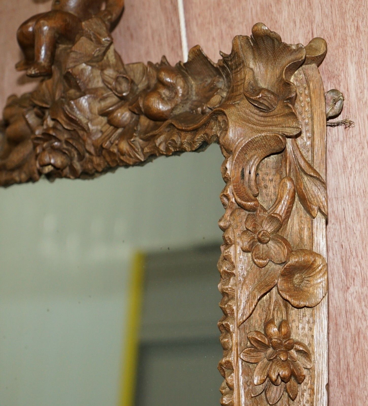 photo for sale Rare Original 18th Century Ornately Carved Frame Wall Mirror With Cherub Boy