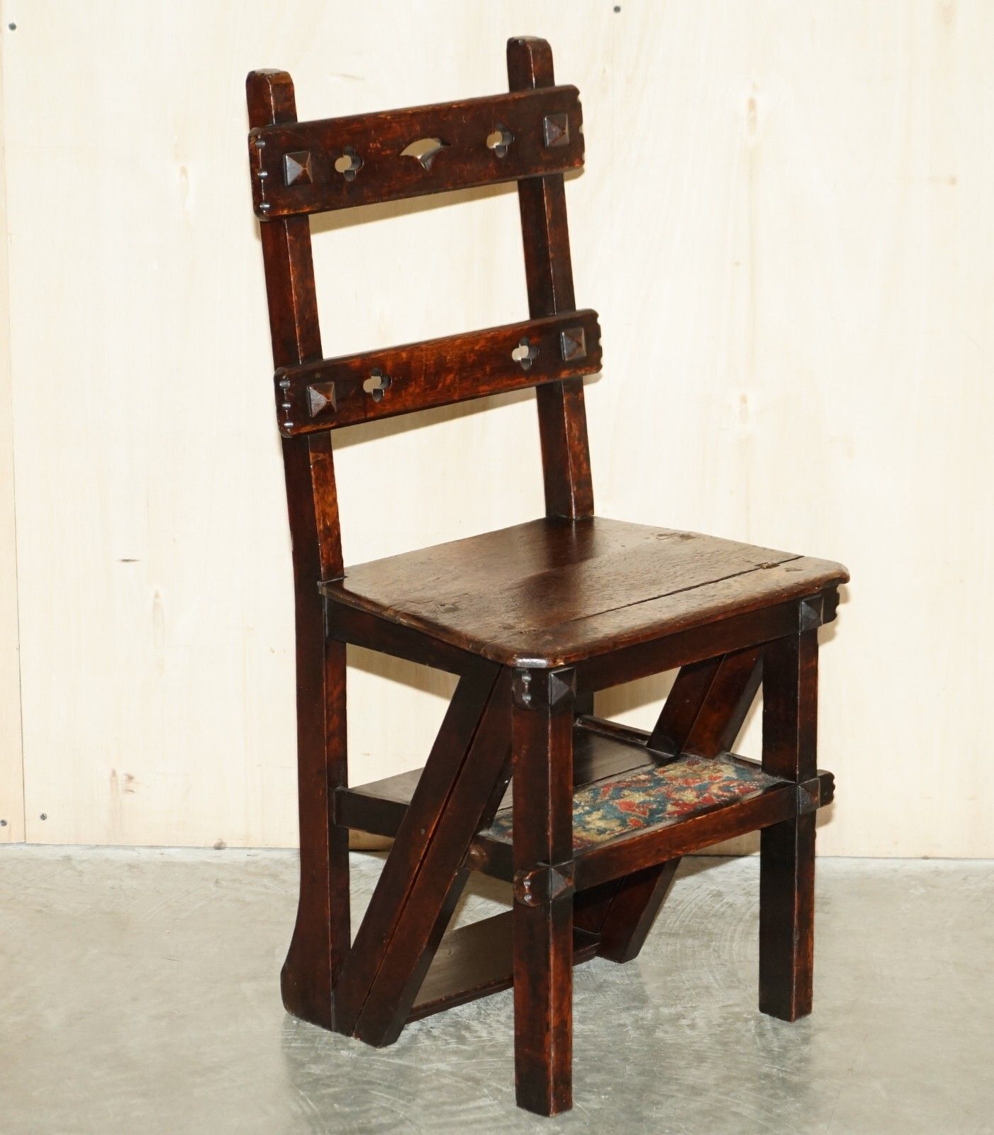 Fine Antique Arts & Crafts Metamorphic Library Steps Original Carpet Upholstery photo furniture