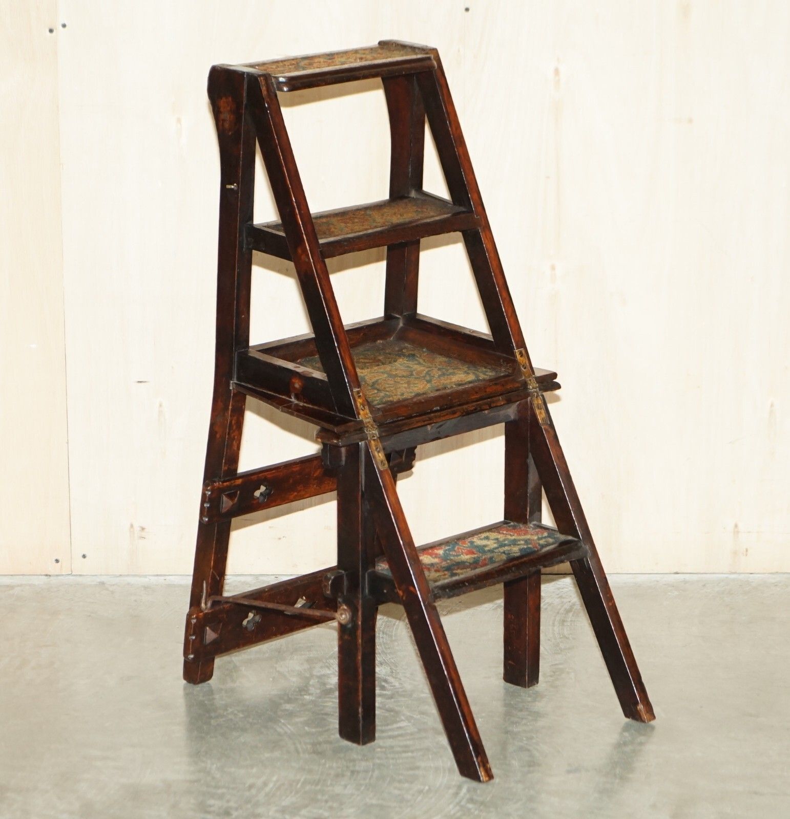 photo furniture Fine Antique Arts & Crafts Metamorphic Library Steps Original Carpet Upholstery