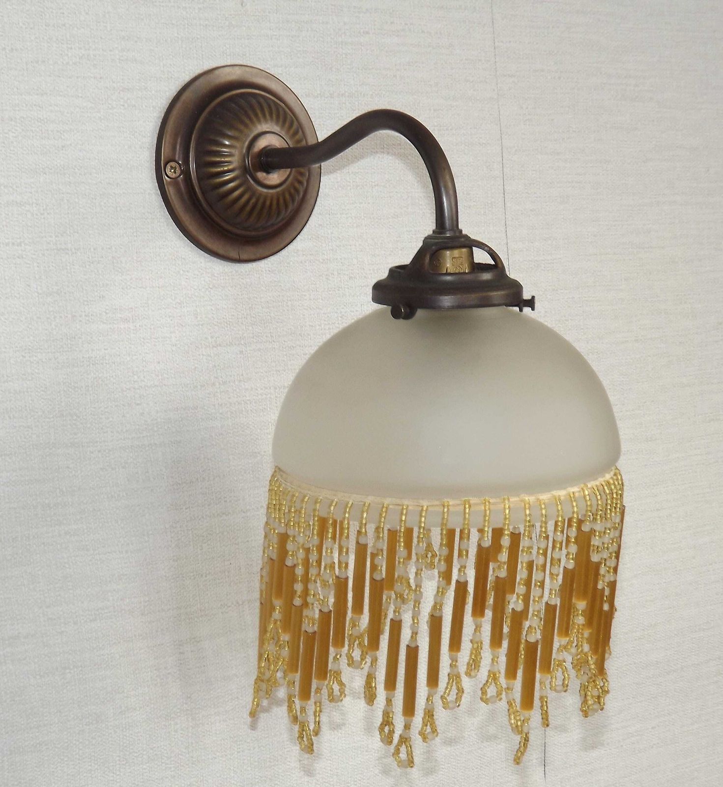 French Vintage Single Wall Light Bronze Effect With Opaque Glass Shade & Gold Beaded Fringe   French Vintage Lighting. Single Wall Sconce. photo furniture