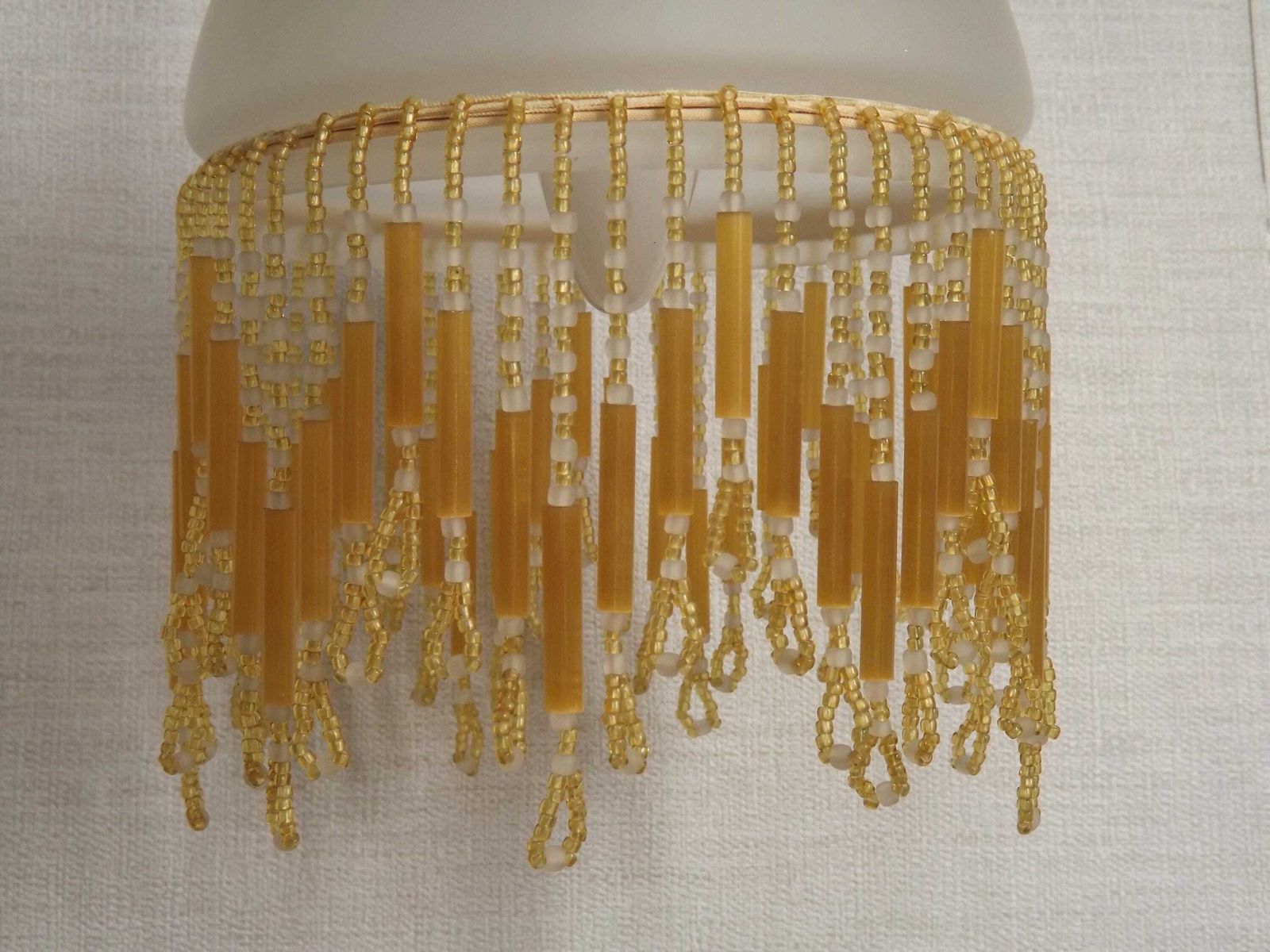 photo for sale French Vintage Single Wall Light Bronze Effect With Opaque Glass Shade & Gold Beaded Fringe   French Vintage Lighting. Single Wall Sconce.
