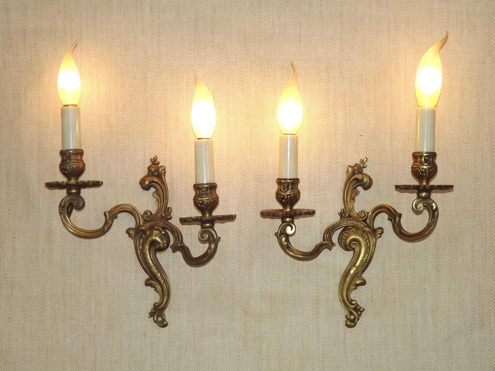 Elegant Vintage French Bronze Double Wall Sconces With Acanthus Leaf Detail   French Vintage Lighting. Bronze Double Acanthus Wall Lights. photo for sale