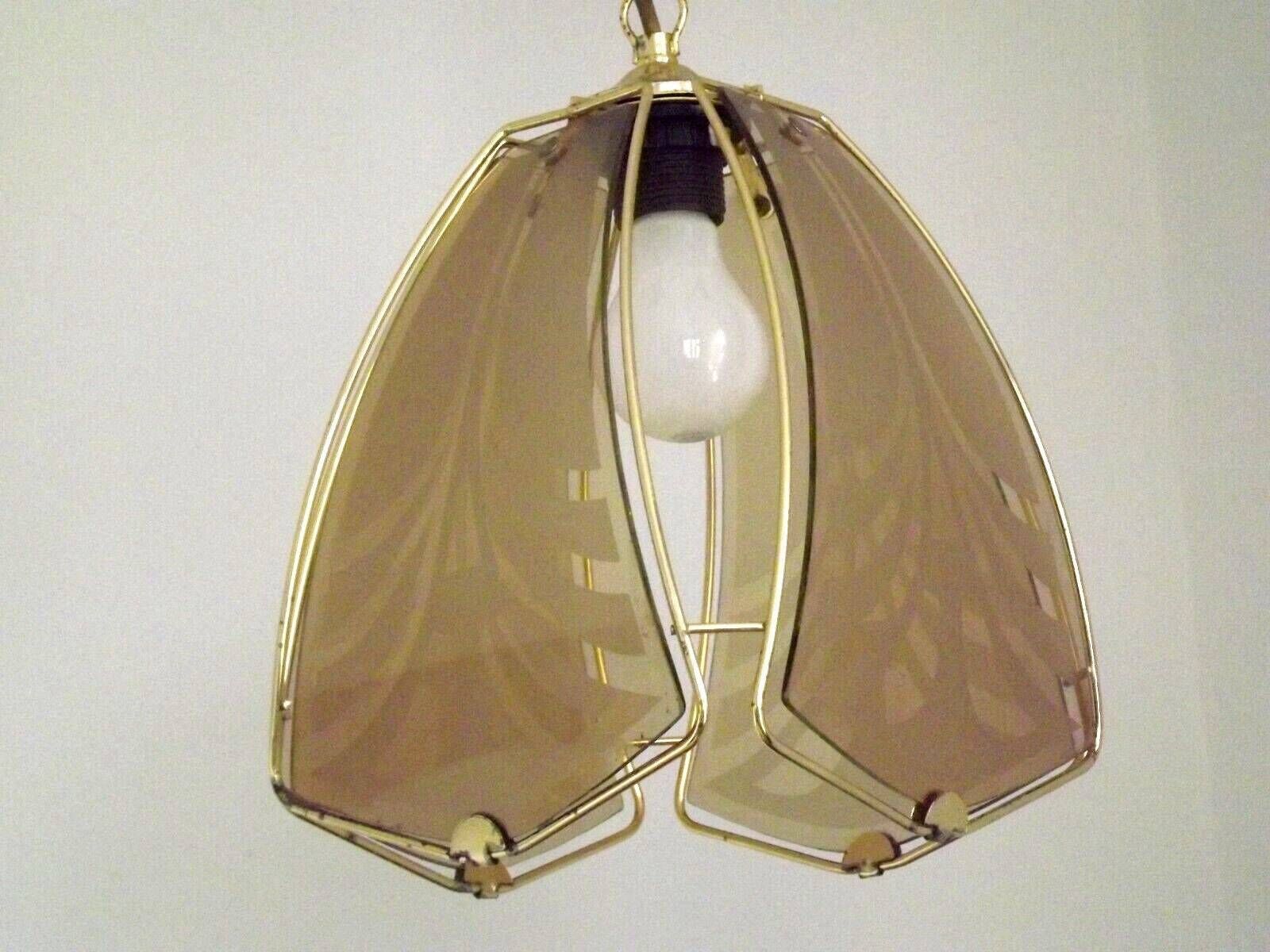 Vintage French Gold Metal Ceiling Light With 4 Decorative Glass Panels   Vintage French Lighting. Glass Panel Light; Abstract Design Panels. photo Lighting
