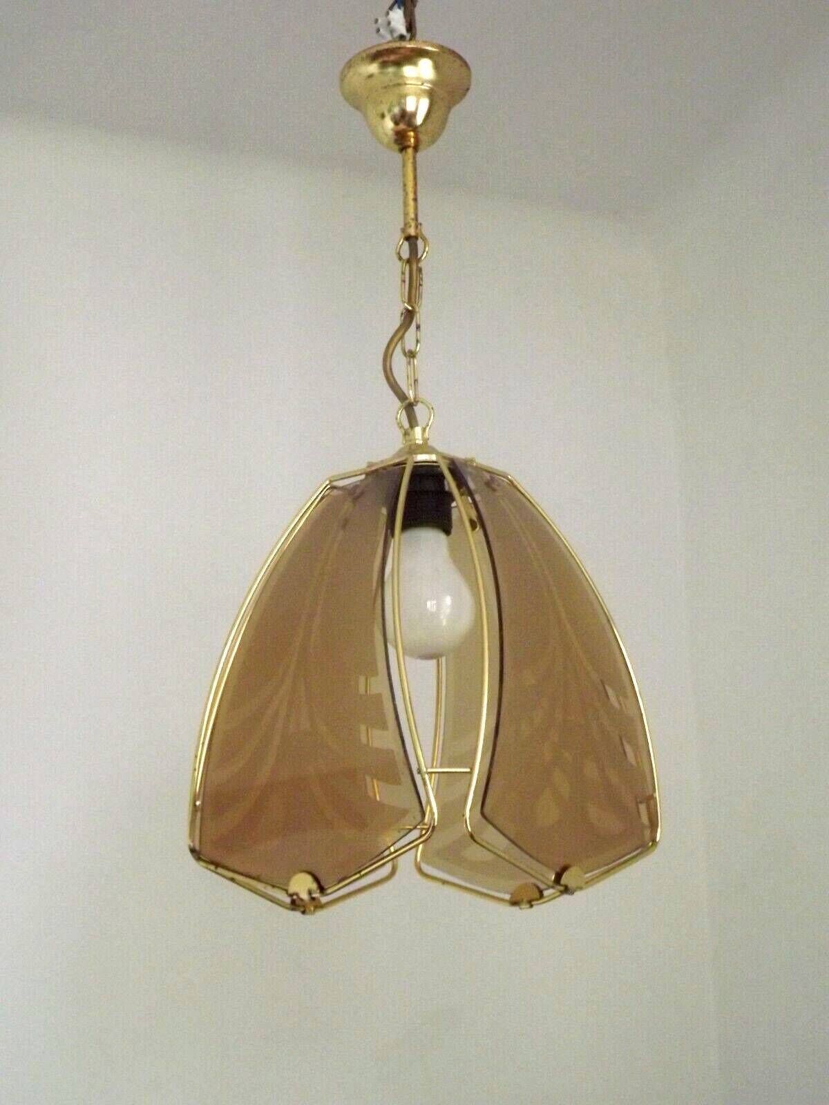 Vintage French Gold Metal Ceiling Light With 4 Decorative Glass Panels   Vintage French Lighting. Glass Panel Light; Abstract Design Panels. photo vinterior