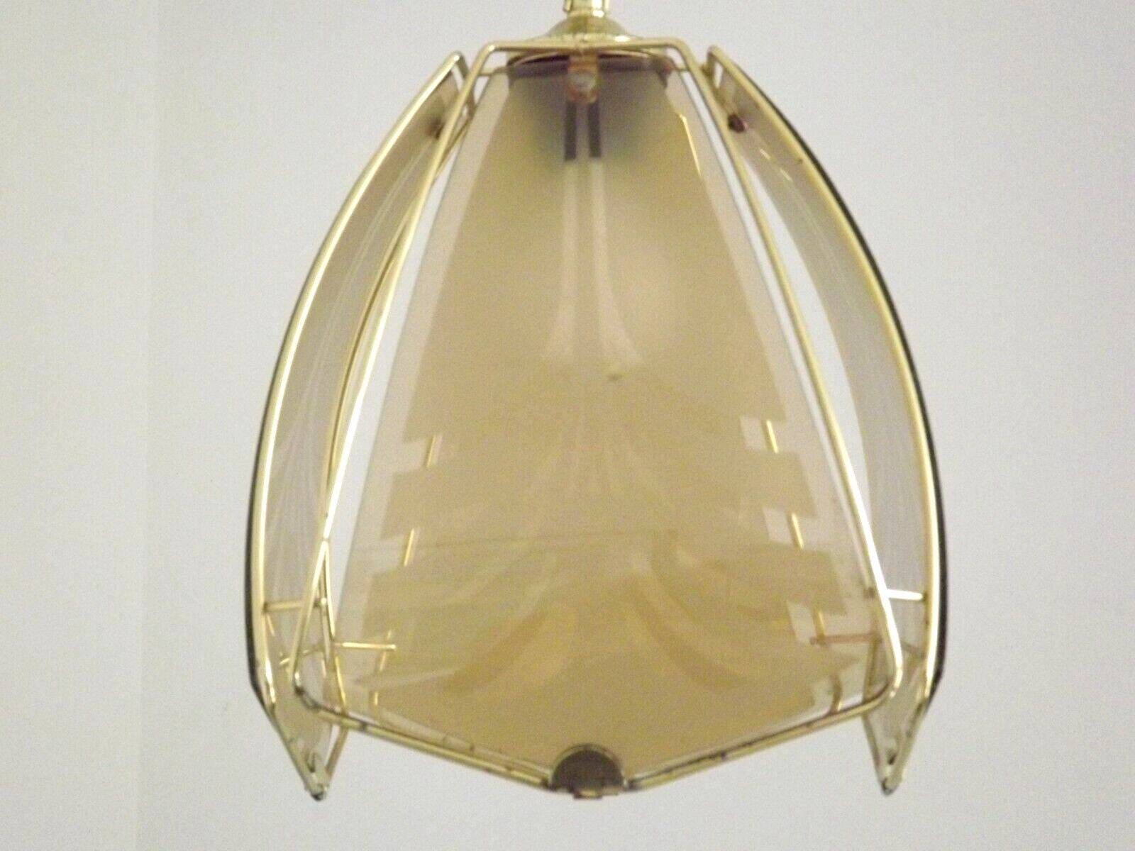 Vintage French Gold Metal Ceiling Light With 4 Decorative Glass Panels   Vintage French Lighting. Glass Panel Light; Abstract Design Panels. photo buy