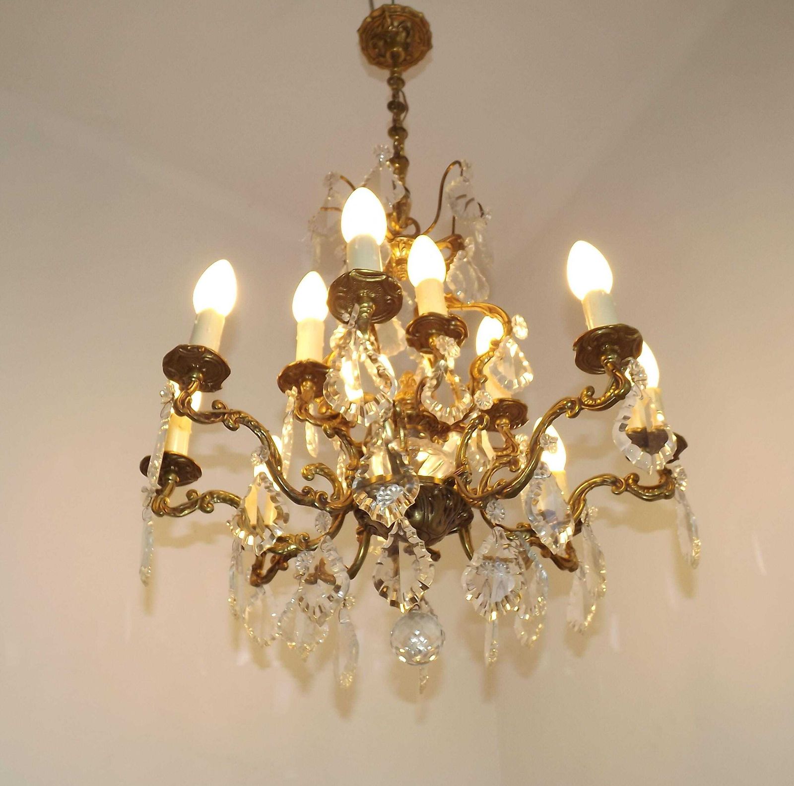 Exquisite French Art Nouveau Bronze Glass & Crystal 12 Light Cage Chandelier  French Antique Lighting. Bronze Crystal Chandelier. 12 Lights.