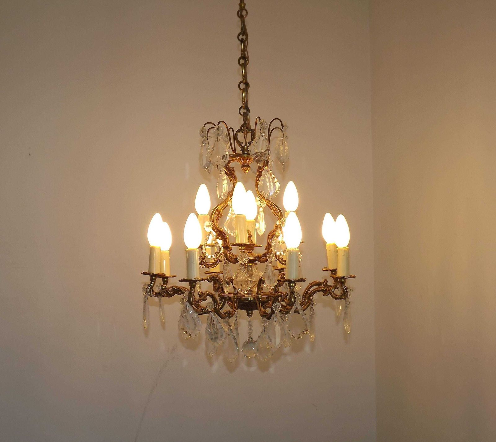 Exquisite French Art Nouveau Bronze Glass & Crystal 12 Light Cage Chandelier  French Antique Lighting. Bronze Crystal Chandelier. 12 Lights. photo Lighting