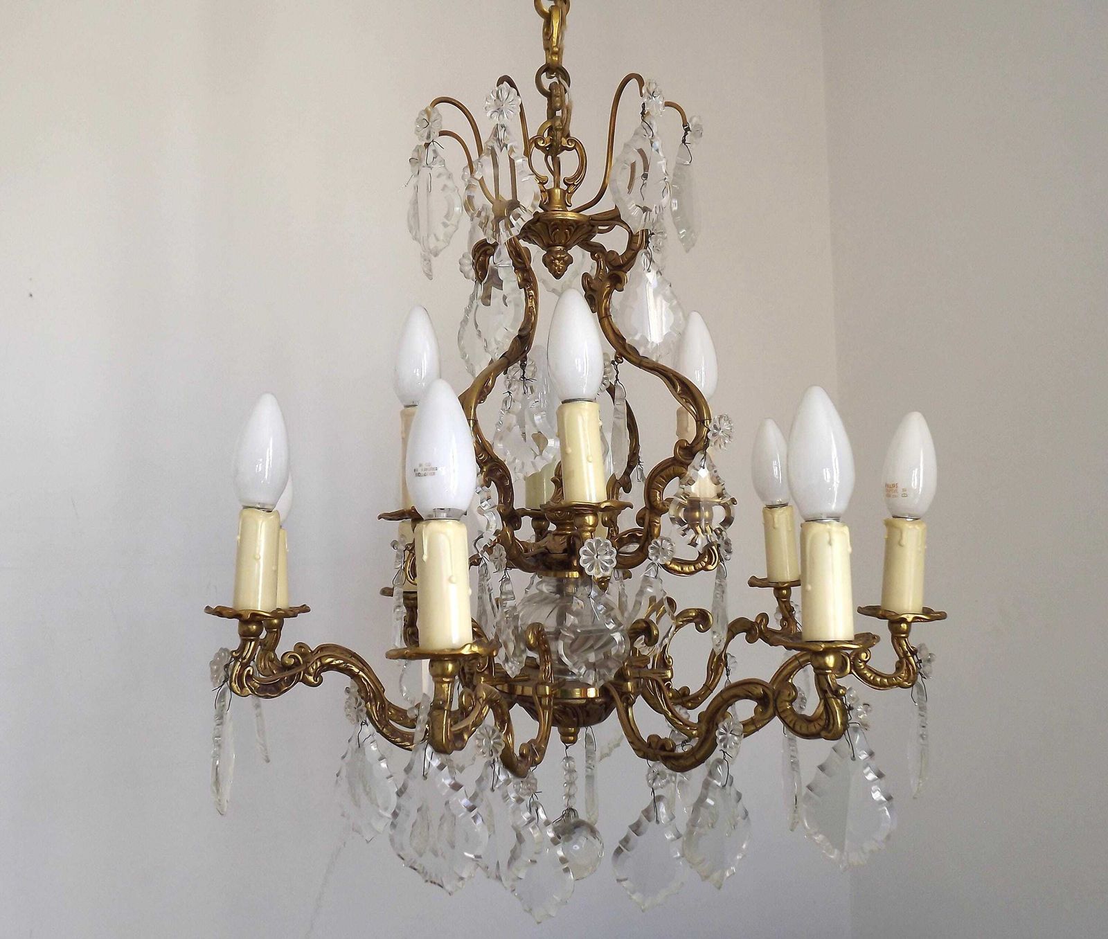 Exquisite French Art Nouveau Bronze Glass & Crystal 12 Light Cage Chandelier  French Antique Lighting. Bronze Crystal Chandelier. 12 Lights. photo 745.0