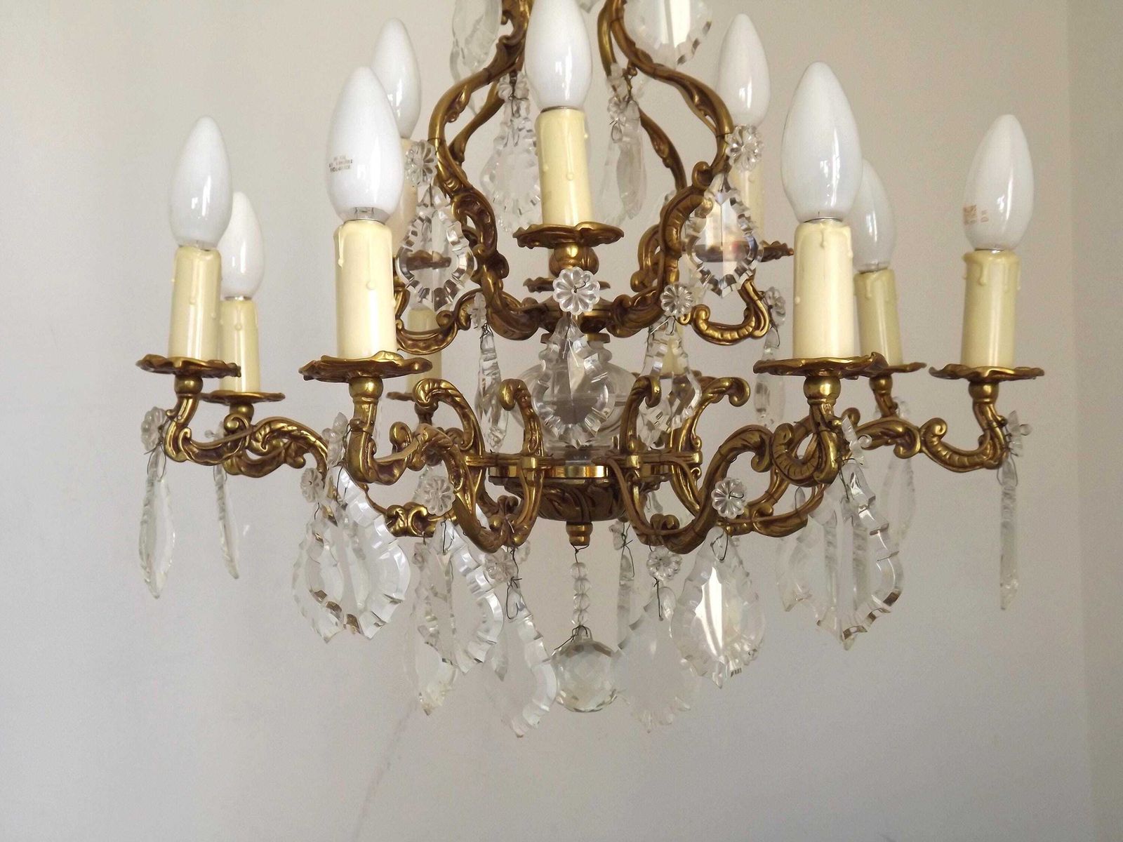Exquisite French Art Nouveau Bronze Glass & Crystal 12 Light Cage Chandelier  French Antique Lighting. Bronze Crystal Chandelier. 12 Lights. photo vinterior
