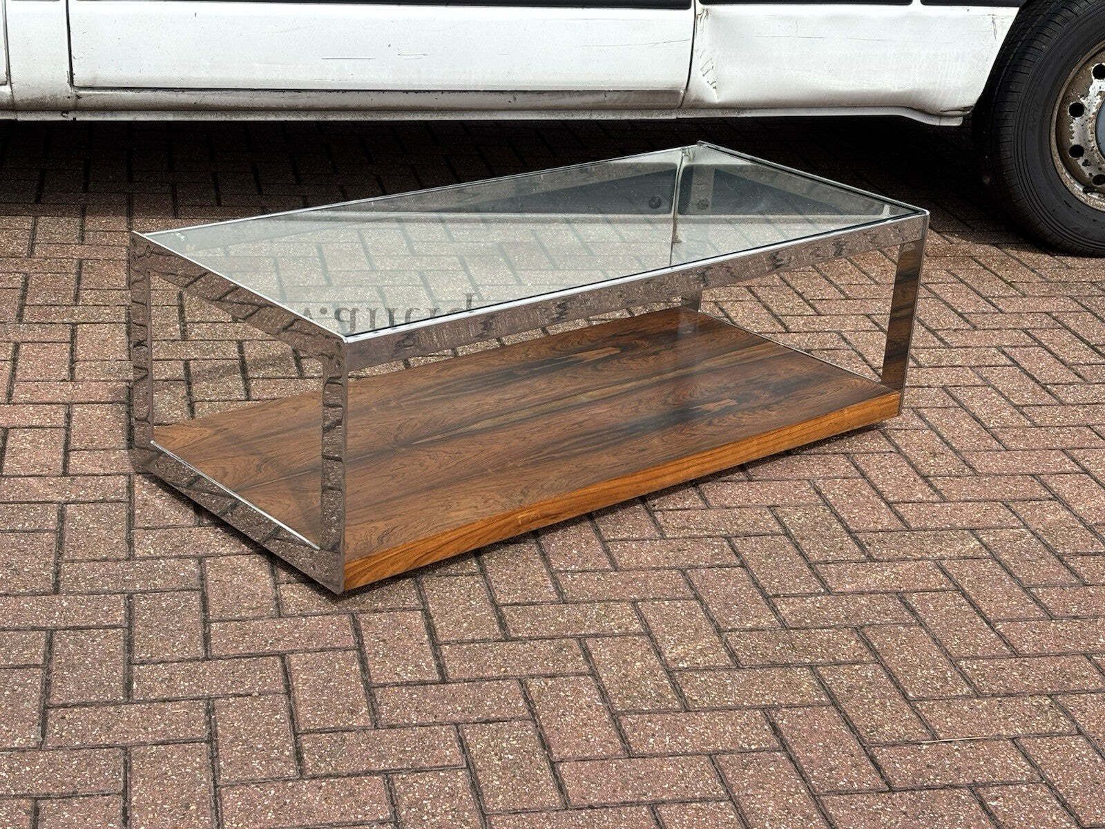 Merrow Associates Mid Century Rosewood, Glass And Chrome Coffee Table photo for sale